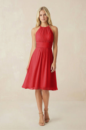 Halter A - Line Chiffon Midi Bridesmaid Dress in Ruby Red - SHE IS ME Bridesmaid Dresses