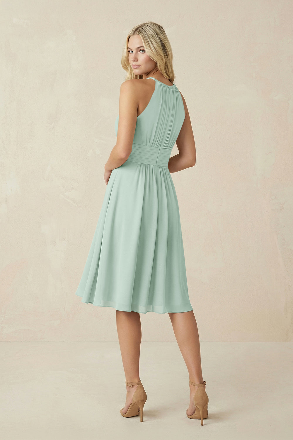 Halter A-Line Chiffon Midi Bridesmaid Dress in Sage