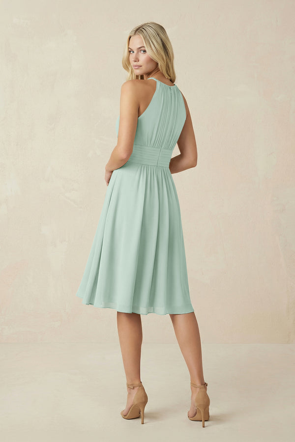 Halter A-Line Chiffon Midi Bridesmaid Dress in Sage (2) | KISSBRIDAL