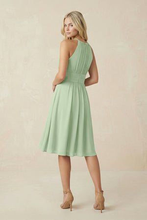 Halter A - Line Chiffon Midi Bridesmaid Dress in Sage - SHE IS ME Bridesmaid Dresses