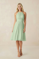 Halter A - Line Chiffon Midi Bridesmaid Dress in Sage - SHE IS ME Bridesmaid Dresses
