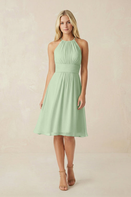 Halter A - Line Chiffon Midi Bridesmaid Dress in Sage - SHE IS ME Bridesmaid Dresses