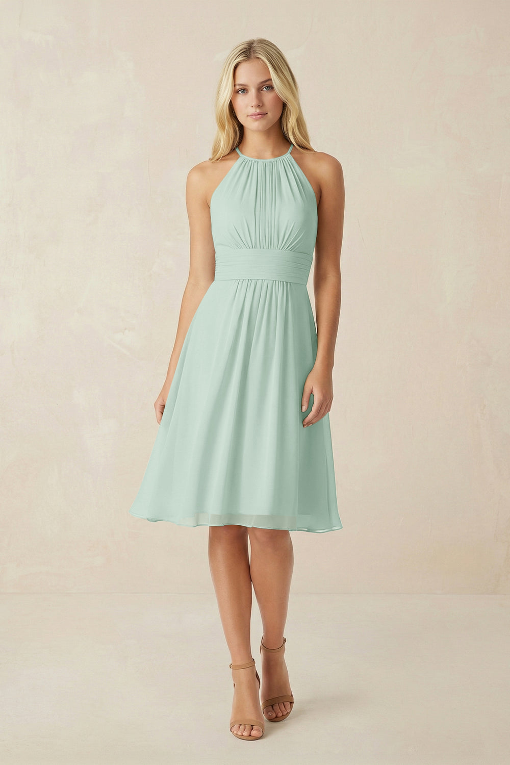 Halter A-Line Chiffon Midi Bridesmaid Dress in Sage