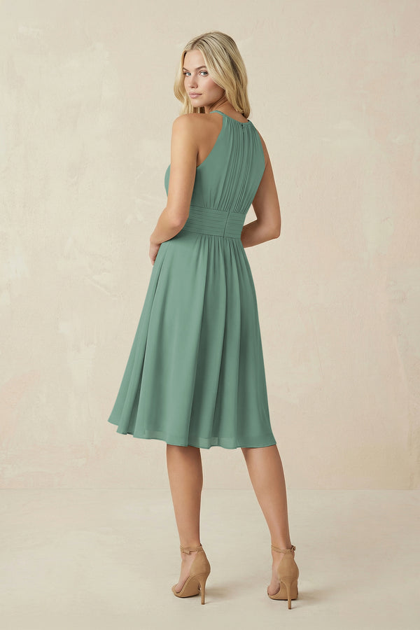 Halter A-Line Chiffon Midi Bridesmaid Dress in Sea Glass (2) | KISSBRIDAL