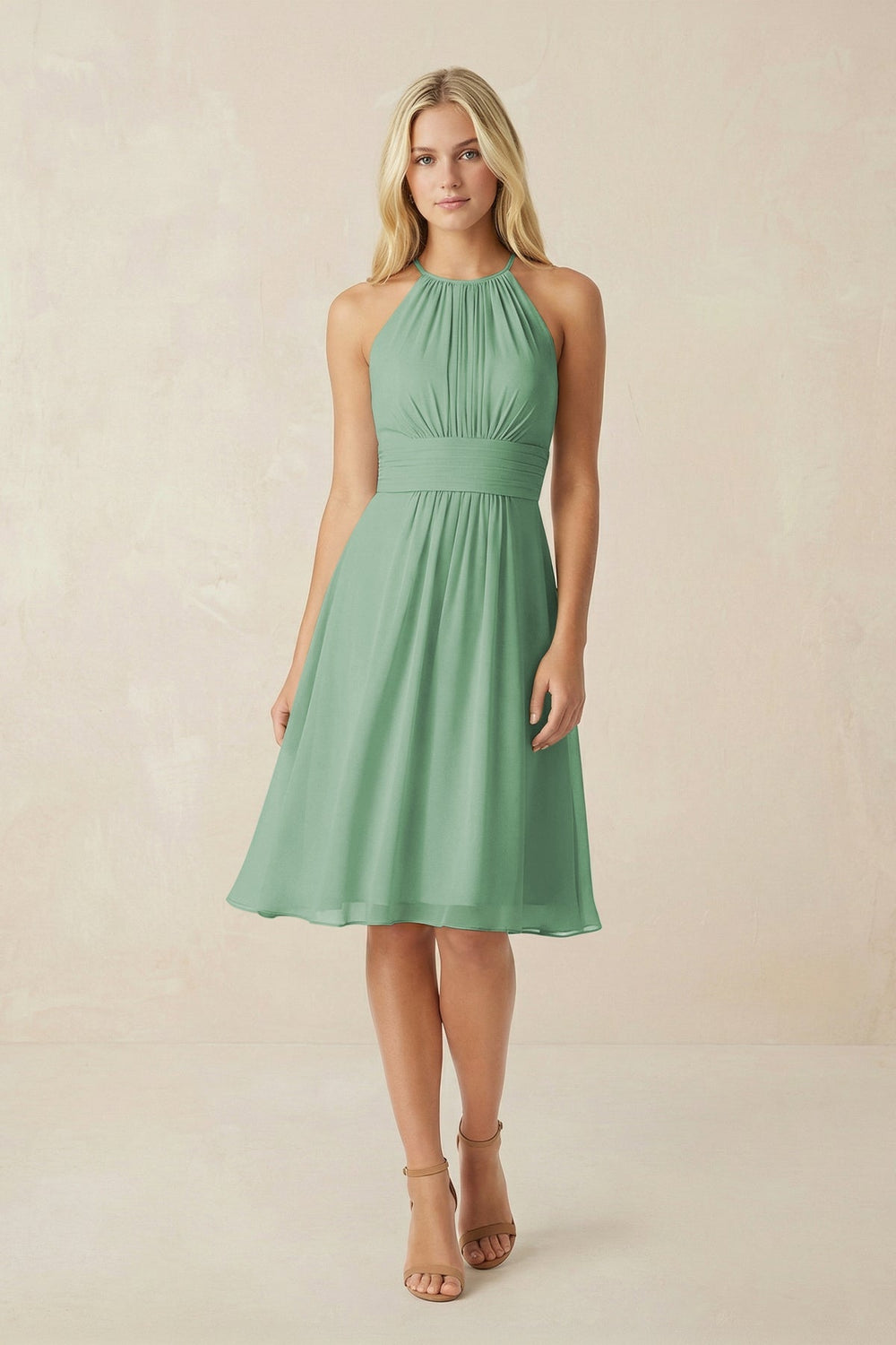 Halter A - Line Chiffon Midi Bridesmaid Dress in Sea Glass - KISS BRIDAL Bridesmaid Dresses