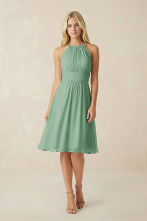 Halter A - Line Chiffon Midi Bridesmaid Dress in Sea Glass - SHE IS ME Bridesmaid Dresses