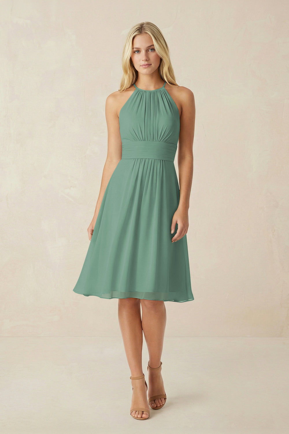 Halter A-Line Chiffon Midi Bridesmaid Dress in Sea Glass