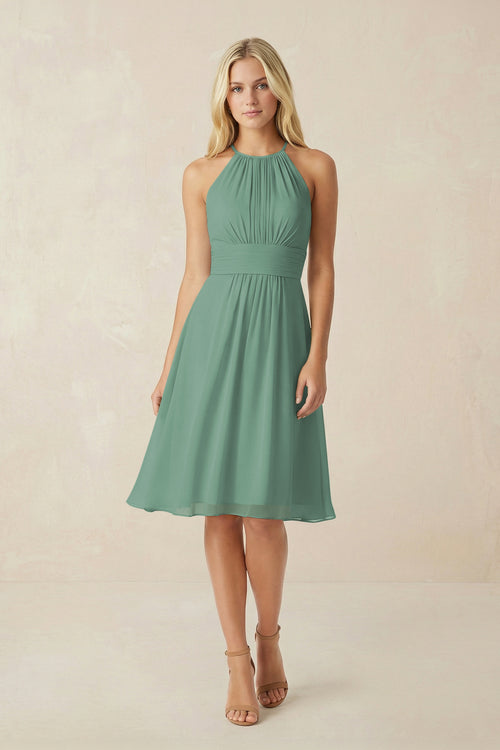 Halter A-Line Chiffon Midi Bridesmaid Dress in Sea Glass | KISSBRIDAL