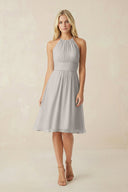 Halter A - Line Chiffon Midi Bridesmaid Dress in Silver - SHE IS ME Bridesmaid Dresses