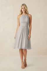 Halter A - Line Chiffon Midi Bridesmaid Dress in Silver - KISS BRIDAL Bridesmaid Dresses
