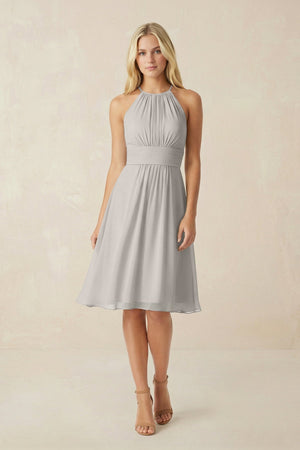 Halter A - Line Chiffon Midi Bridesmaid Dress in Silver - SHE IS ME Bridesmaid Dresses