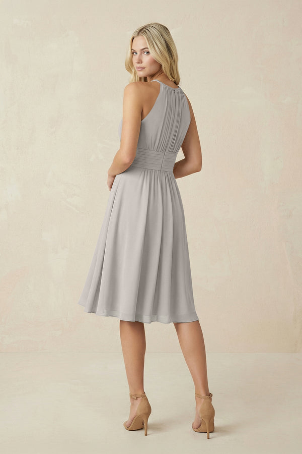 Halter A - Line Chiffon Midi Bridesmaid Dress in Silver - SHE IS ME Bridesmaid Dresses
