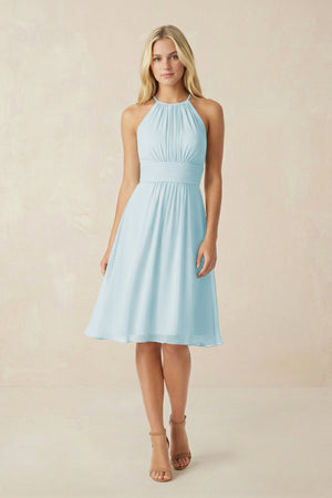 Halter A - Line Chiffon Midi Bridesmaid Dress in Sky Blue - SHE IS ME Bridesmaid Dresses
