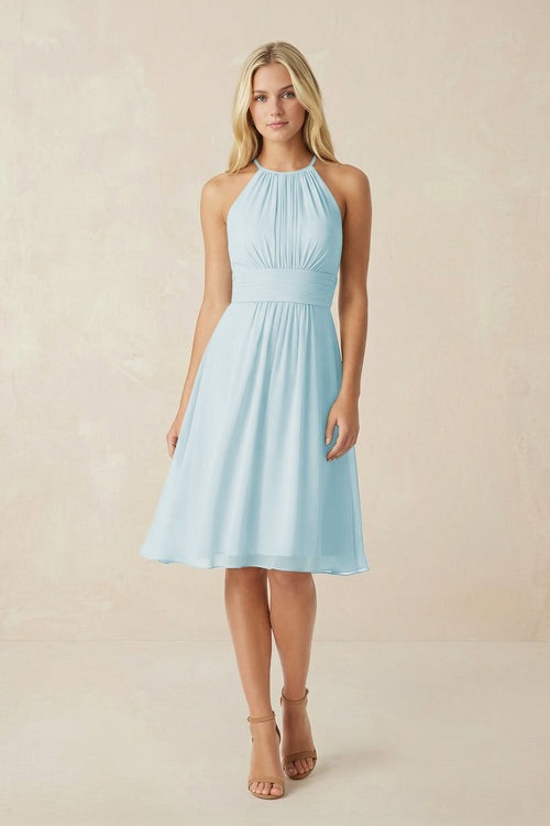 Halter A - Line Chiffon Midi Bridesmaid Dress in Sky Blue - SHE IS ME Bridesmaid Dresses