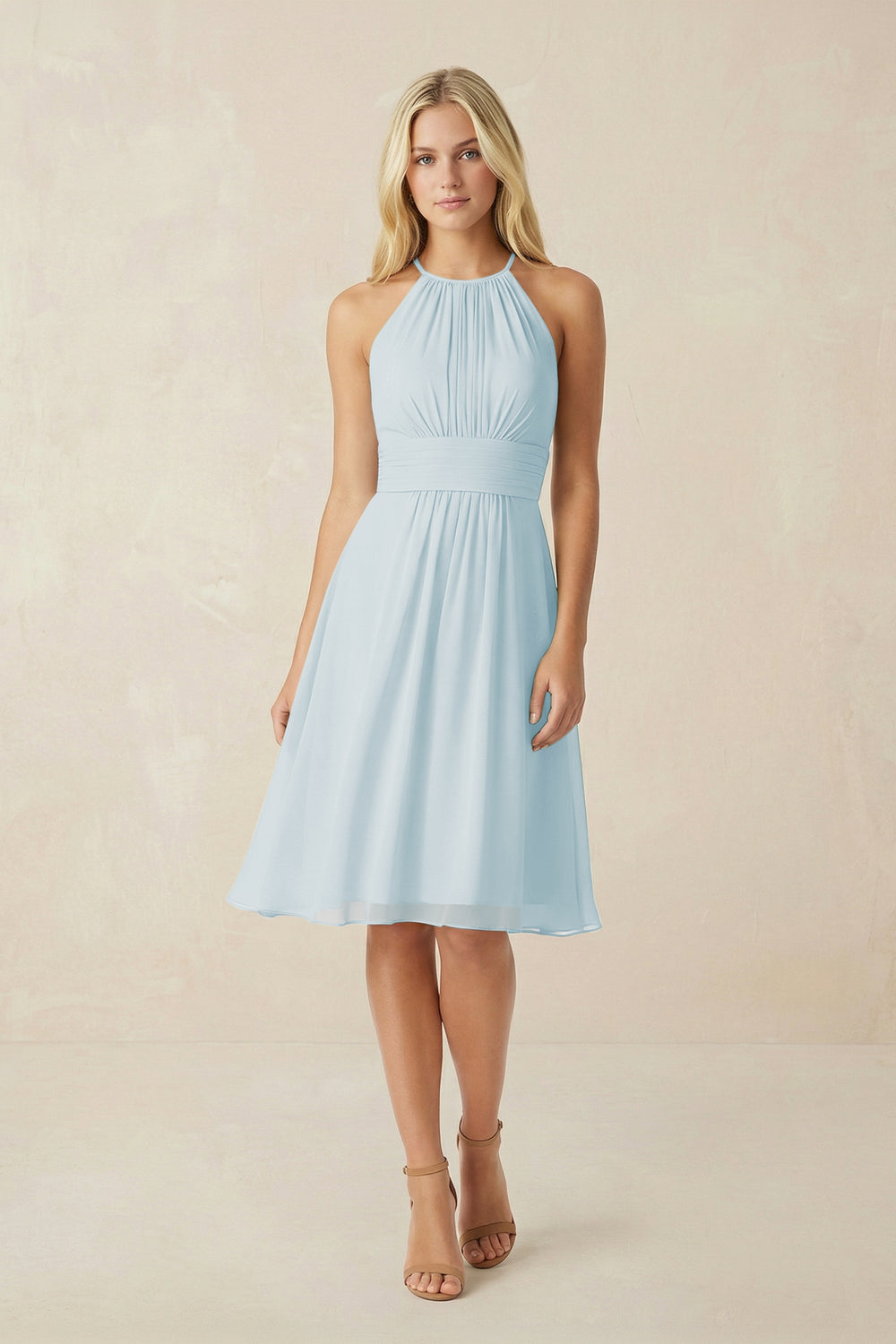Halter A-Line Chiffon Midi Bridesmaid Dress in Sky Blue