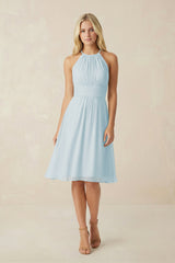Halter A-Line Chiffon Midi Bridesmaid Dress in Sky Blue | KISSBRIDAL