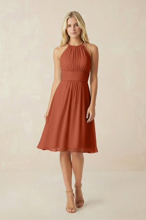 Halter A - Line Chiffon Midi Bridesmaid Dress in Spice - SHE IS ME Bridesmaid Dresses