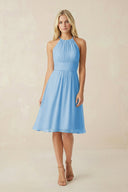 Halter A - Line Chiffon Midi Bridesmaid Dress in Steel Blue - SHE IS ME Bridesmaid Dresses