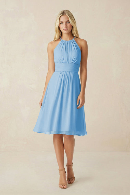 Halter A - Line Chiffon Midi Bridesmaid Dress in Steel Blue - SHE IS ME Bridesmaid Dresses