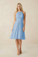Halter A-Line Chiffon Midi Bridesmaid Dress in Steel Blue | KISSBRIDAL