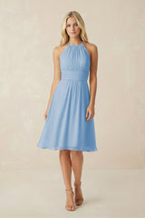 Halter A-Line Chiffon Midi Bridesmaid Dress in Steel Blue | KISSBRIDAL