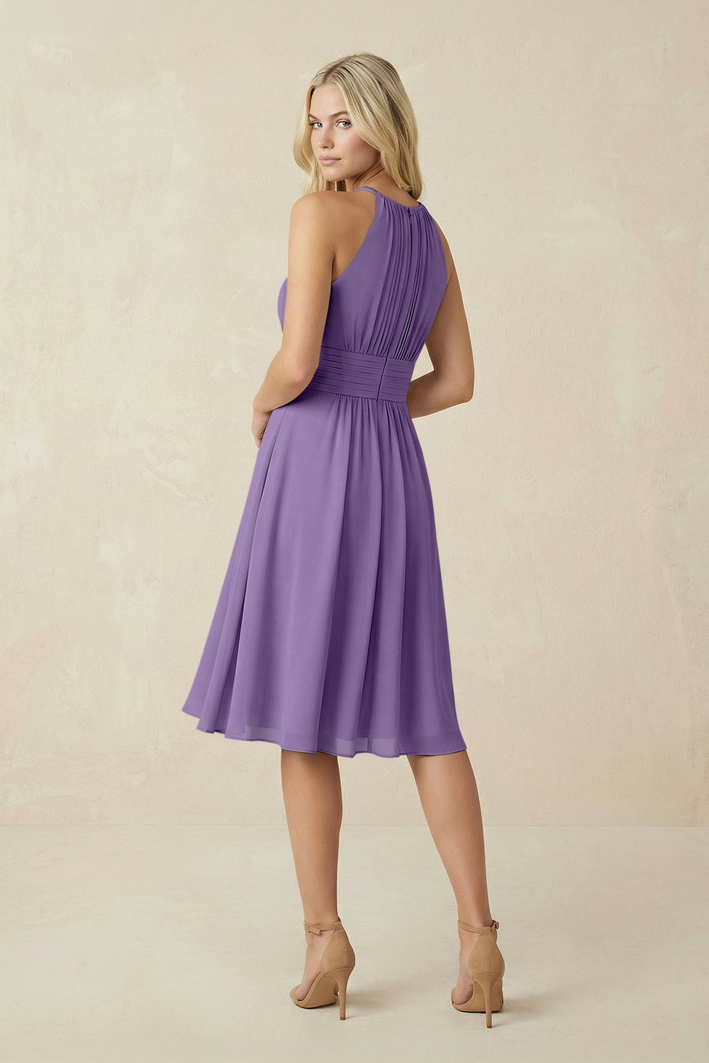 Halter A - Line Chiffon Midi Bridesmaid Dress in Tahiti - KISS BRIDAL Bridesmaid Dresses