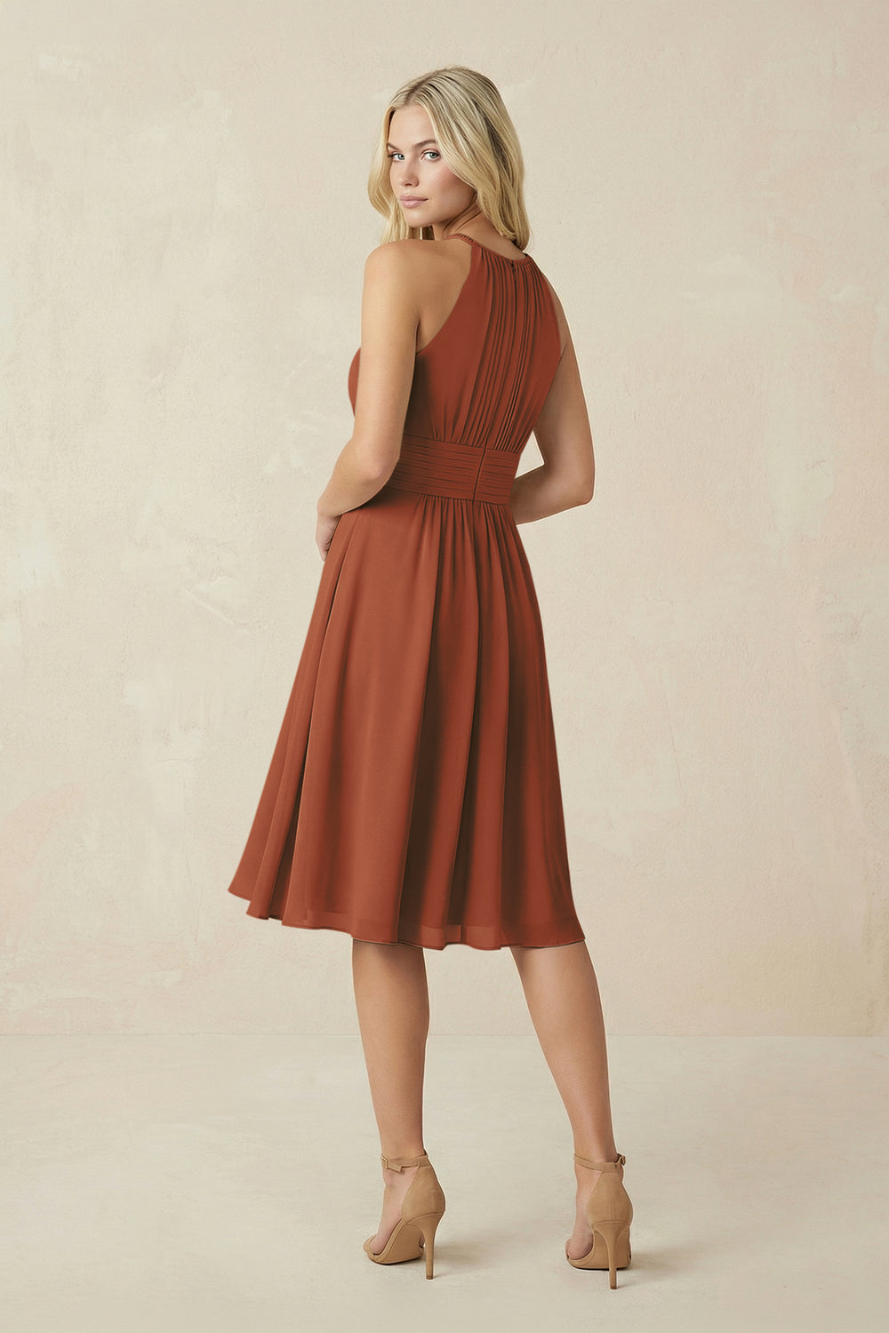 Halter A-Line Chiffon Midi Bridesmaid Dress in Terracotta