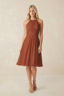 Halter A-Line Chiffon Midi Bridesmaid Dress in Terracotta | KISSBRIDAL