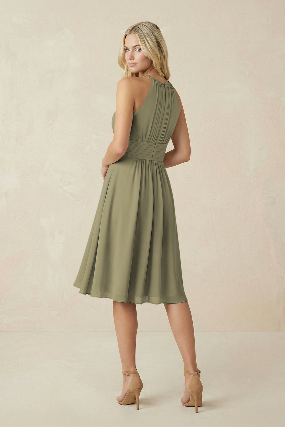 Halter A-Line Chiffon Midi Bridesmaid Dress in Thyme