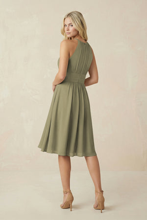 Halter A-Line Chiffon Midi Bridesmaid Dress in Thyme (2) | KISSBRIDAL