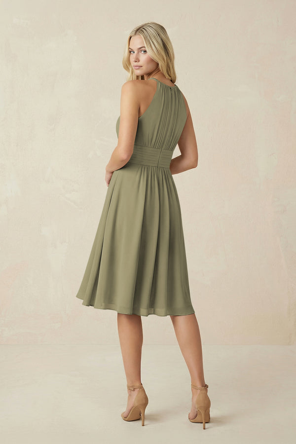 Halter A-Line Chiffon Midi Bridesmaid Dress in Thyme (2) | KISSBRIDAL