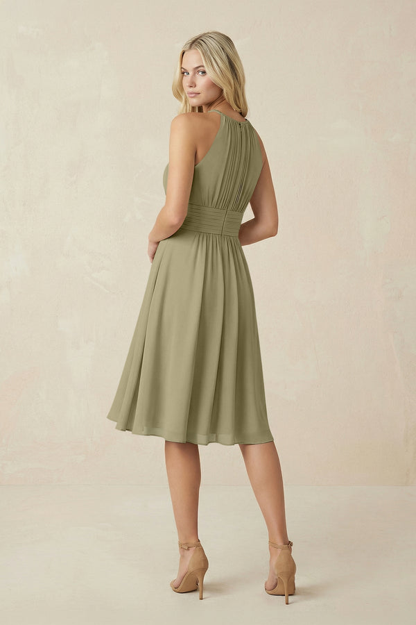 Halter A - Line Chiffon Midi Bridesmaid Dress in Thyme - SHE IS ME Bridesmaid Dresses