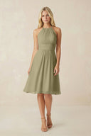 Halter A - Line Chiffon Midi Bridesmaid Dress in Thyme - SHE IS ME Bridesmaid Dresses