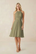 Halter A-Line Chiffon Midi Bridesmaid Dress in Thyme | KISSBRIDAL
