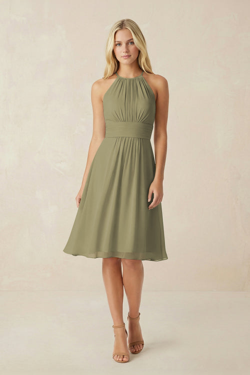 Halter A-Line Chiffon Midi Bridesmaid Dress in Thyme | KISSBRIDAL