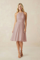 Halter A-Line Chiffon Midi Bridesmaid Dress in Toffee | KISSBRIDAL