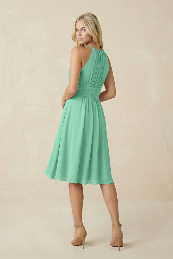 Halter A - Line Chiffon Midi Bridesmaid Dress in Turquoise - SHE IS ME Bridesmaid Dresses