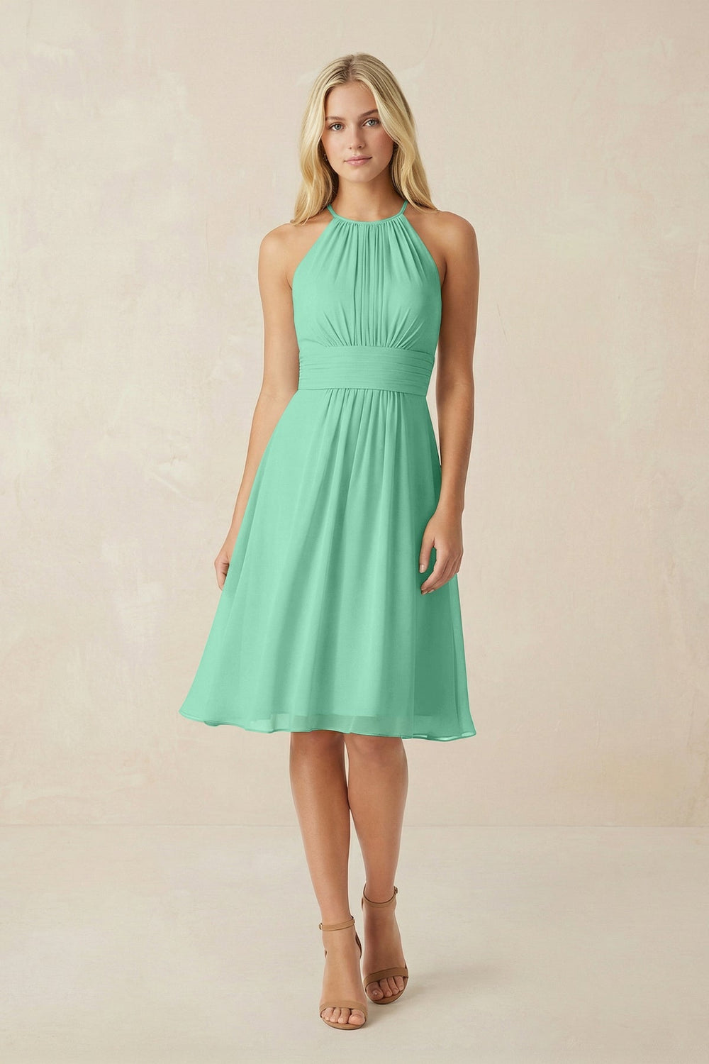 Halter A - Line Chiffon Midi Bridesmaid Dress in Turquoise - KISS BRIDAL Bridesmaid Dresses