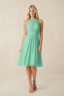 Halter A - Line Chiffon Midi Bridesmaid Dress in Turquoise - SHE IS ME Bridesmaid Dresses