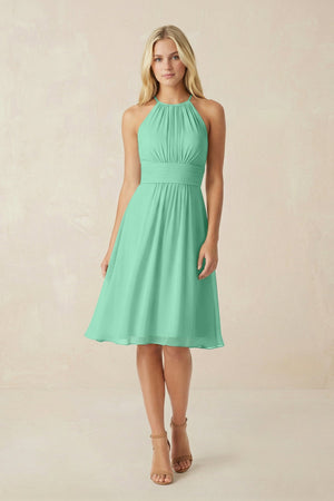 Halter A - Line Chiffon Midi Bridesmaid Dress in Turquoise - SHE IS ME Bridesmaid Dresses