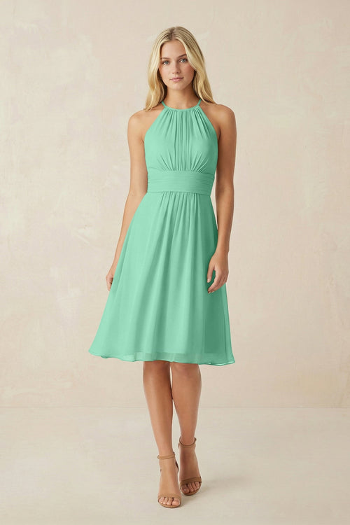 Halter A - Line Chiffon Midi Bridesmaid Dress in Turquoise - SHE IS ME Bridesmaid Dresses