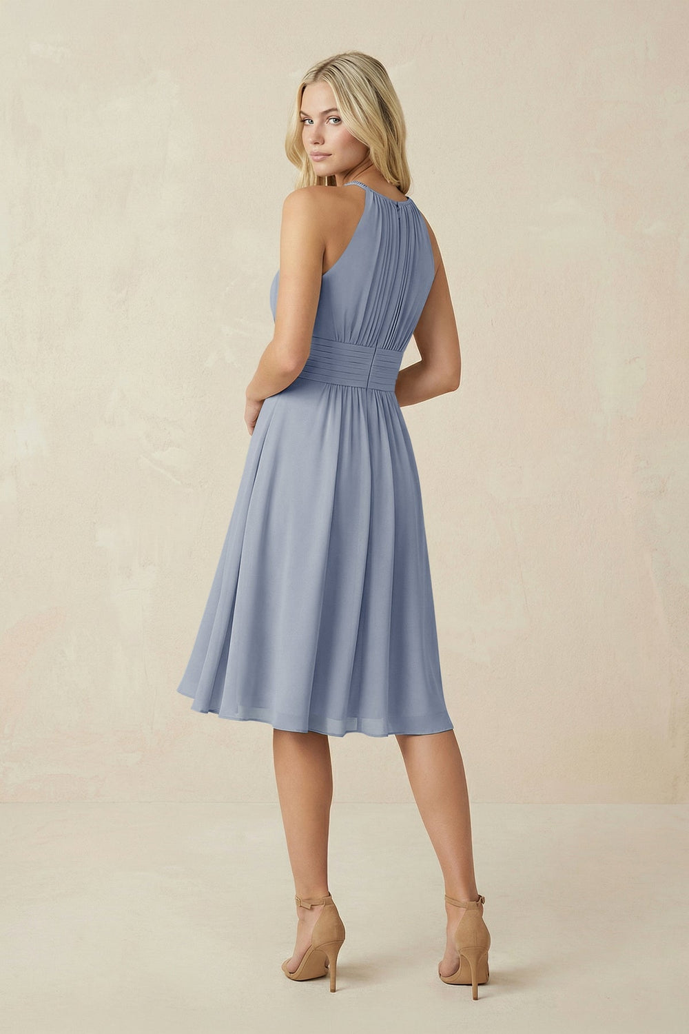 Halter A - Line Chiffon Midi Bridesmaid Dress in Twilight - KISS BRIDAL Bridesmaid Dresses