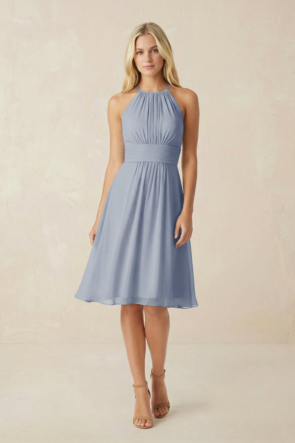 Halter A - Line Chiffon Midi Bridesmaid Dress in Twilight - KISS BRIDAL Bridesmaid Dresses