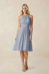 Halter A - Line Chiffon Midi Bridesmaid Dress in Twilight - KISS BRIDAL Bridesmaid Dresses
