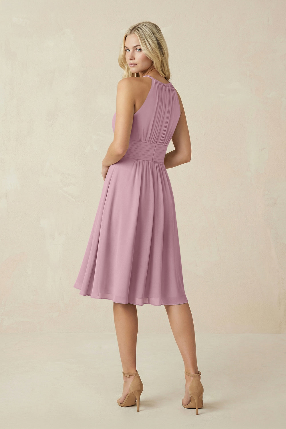 Halter A-Line Chiffon Midi Bridesmaid Dress in Vintage Mauve