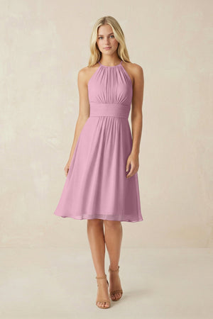 Halter A - Line Chiffon Midi Bridesmaid Dress in Vintage Mauve - SHE IS ME Bridesmaid Dresses