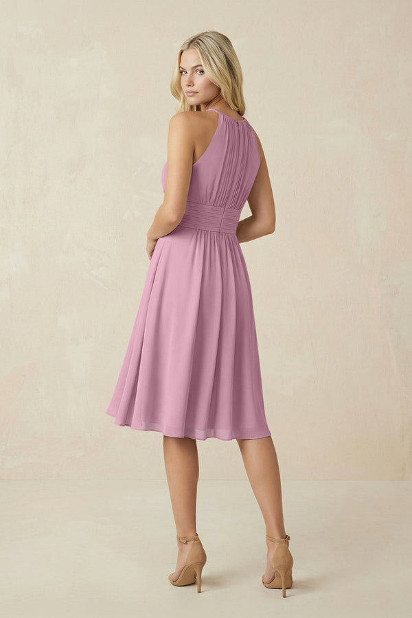 Halter A - Line Chiffon Midi Bridesmaid Dress in Vintage Mauve - SHE IS ME Bridesmaid Dresses