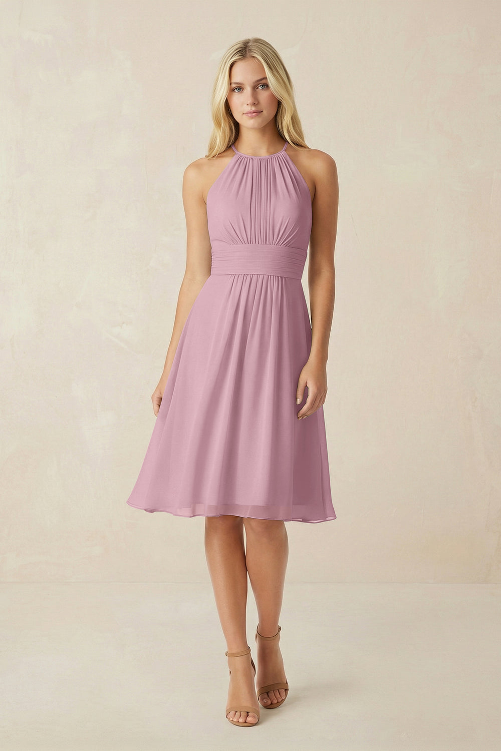 Halter A-Line Chiffon Midi Bridesmaid Dress in Vintage Mauve