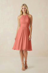 Halter A - Line Chiffon Midi Bridesmaid Dress in Wild Rose - KISS BRIDAL Bridesmaid Dresses