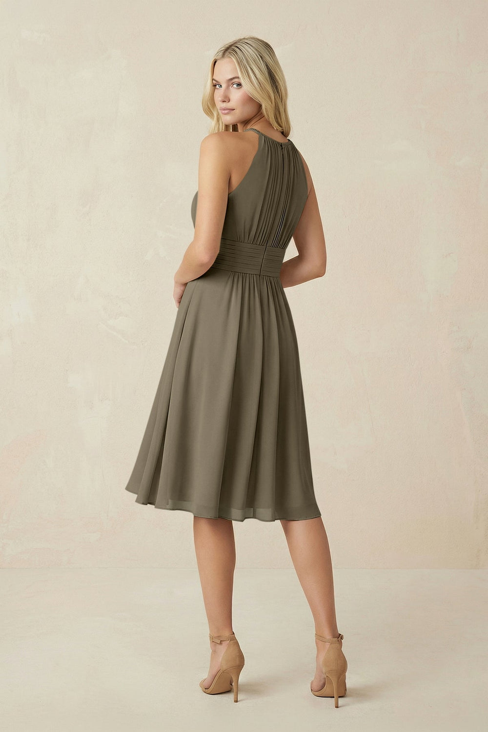 Halter A - Line Chiffon Midi Bridesmaid Dress in Willow Green - KISS BRIDAL Bridesmaid Dresses